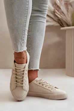 Big Star Shoes Trampki Damskie Big Star|Trampki Damskie Niskie*Sztruksowe Trampki Damskie Ocieplane Big Star OO274812 Hi-Poly System Beżowe