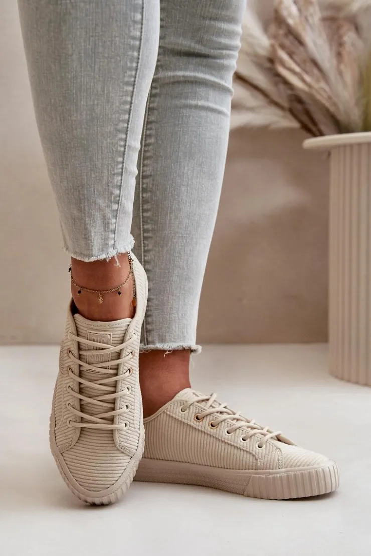 Big Star Shoes Trampki Damskie Big Star|Trampki Damskie Niskie*Sztruksowe Trampki Damskie Ocieplane Big Star OO274812 Hi-Poly System Beżowe