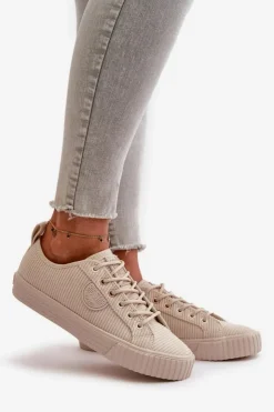 Big Star Shoes Trampki Damskie Big Star|Trampki Damskie Niskie*Sztruksowe Trampki Damskie Ocieplane Big Star OO274812 Hi-Poly System Beżowe