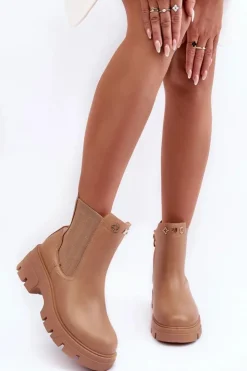 Damskie Boto Sztyblety Botki Damskie Skórzane Z Ozdobami Beżowe Lobb