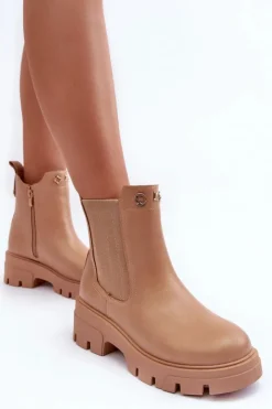 Damskie Boto Sztyblety Botki Damskie Skórzane Z Ozdobami Beżowe Lobb