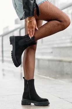 Boto Czarne Botki|Botki Płaskie*Sztyblety Botki Damskie Zamszowe Czarne Alexetta