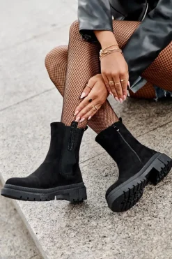 Boto Czarne Botki|Botki Płaskie*Sztyblety Botki Damskie Zamszowe Czarne Alexetta