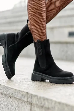 Boto Czarne Botki|Botki Płaskie*Sztyblety Botki Damskie Zamszowe Czarne Alexetta