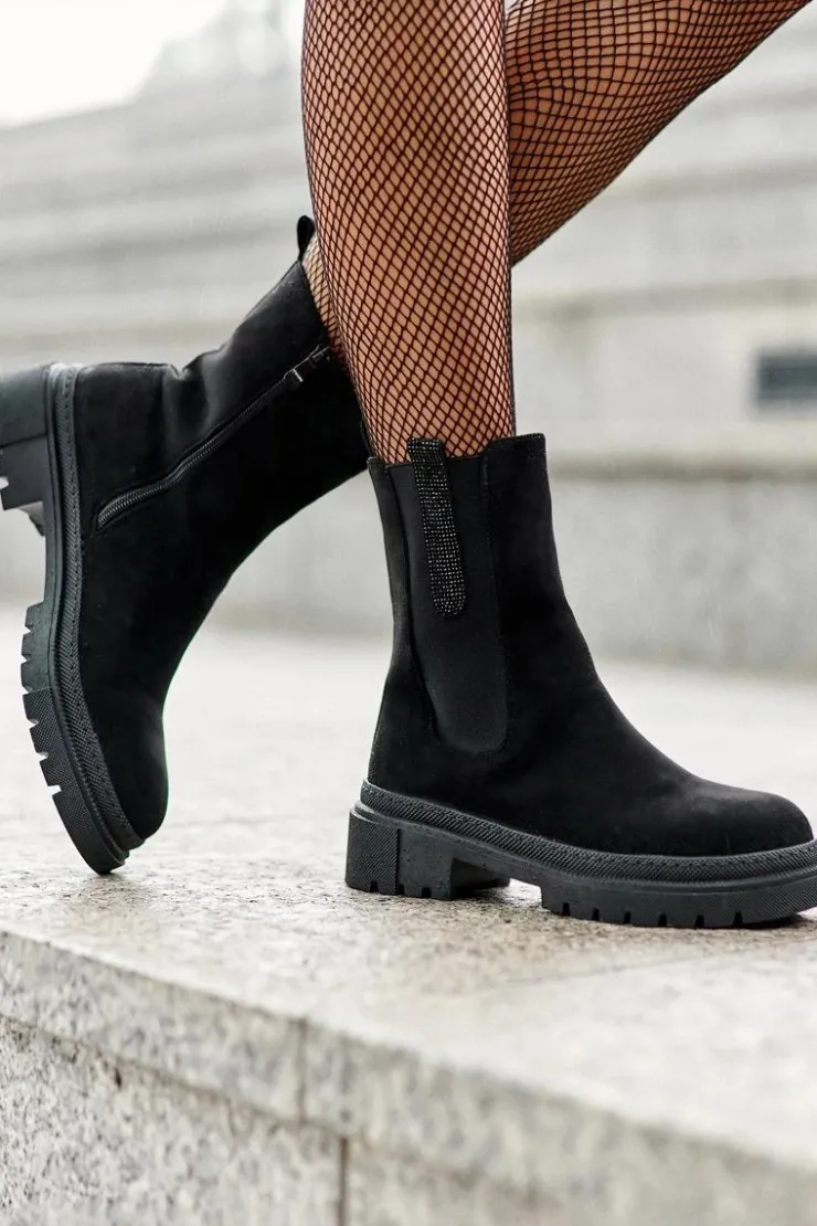 Boto Czarne Botki|Botki Płaskie*Sztyblety Botki Damskie Zamszowe Czarne Alexetta