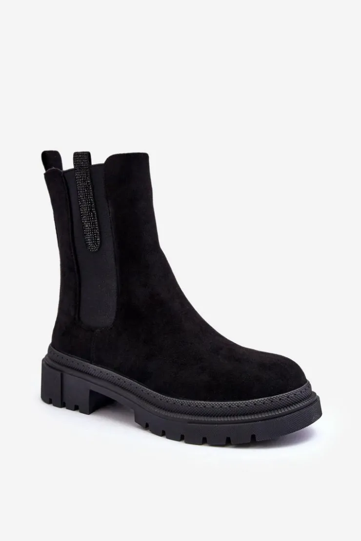 Boto Czarne Botki|Botki Płaskie*Sztyblety Botki Damskie Zamszowe Czarne Alexetta