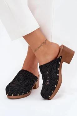 Damskie Boto Szydełkowe Klapki Damskie Na Obcasie Czarne Senevia