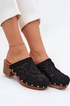 Damskie Boto Szydełkowe Klapki Damskie Na Obcasie Czarne Senevia