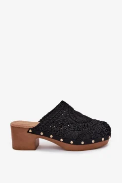 Damskie Boto Szydełkowe Klapki Damskie Na Obcasie Czarne Senevia