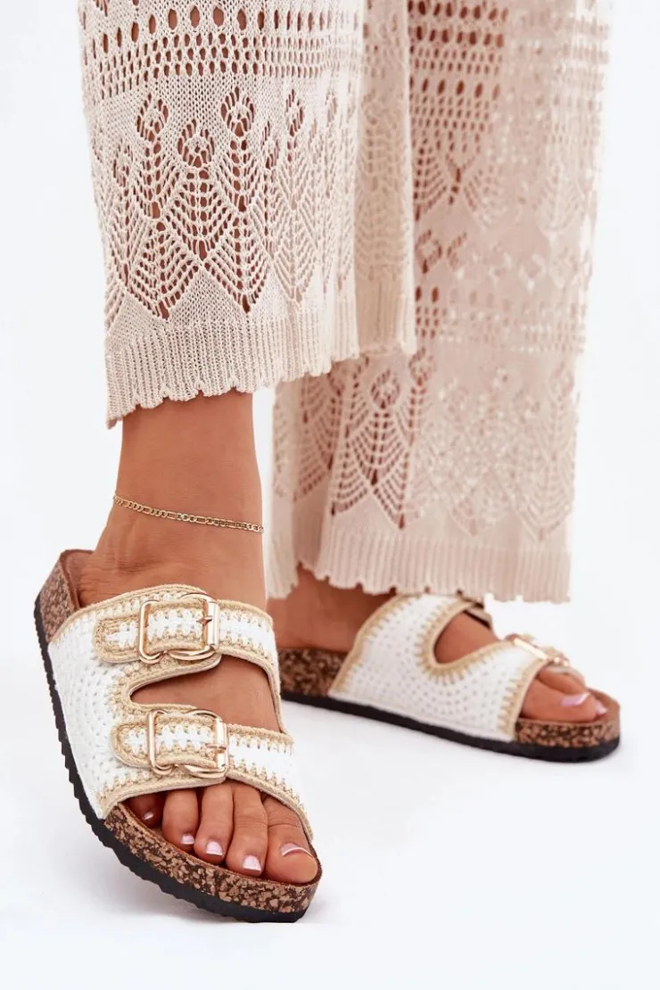 Damskie Boto Szydełkowe Klapki Damskie Ze Złotymi Klamrami Białe Fenira