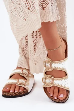 Damskie Boto Szydełkowe Klapki Damskie Ze Złotymi Klamrami Białe Fenira