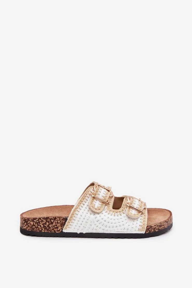 Damskie Boto Szydełkowe Klapki Damskie Ze Złotymi Klamrami Białe Fenira