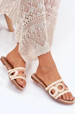 New Boto Szydełkowe Klapki Damskie Na Płaskim Obcasie Beżowe Nirina Beżowy