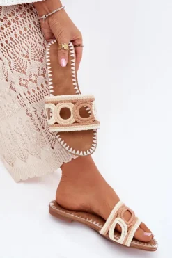 New Boto Szydełkowe Klapki Damskie Na Płaskim Obcasie Beżowe Nirina Beżowy