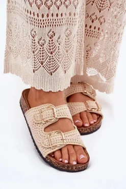 Damskie Boto Szydełkowe Klapki Damskie Ze Złotymi Klamrami Beżowe Fenira