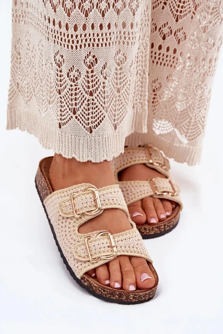 Damskie Boto Szydełkowe Klapki Damskie Ze Złotymi Klamrami Beżowe Fenira