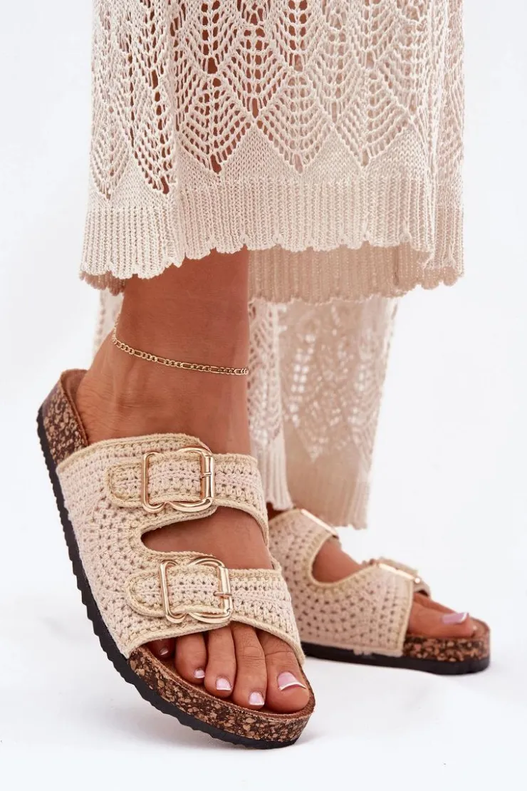 Damskie Boto Szydełkowe Klapki Damskie Ze Złotymi Klamrami Beżowe Fenira