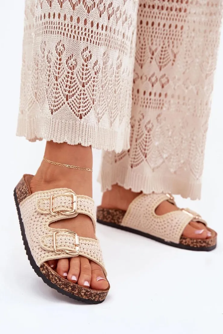 Damskie Boto Szydełkowe Klapki Damskie Ze Złotymi Klamrami Beżowe Fenira