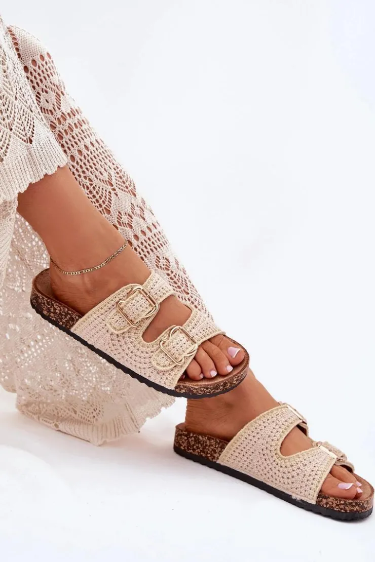 Damskie Boto Szydełkowe Klapki Damskie Ze Złotymi Klamrami Beżowe Fenira