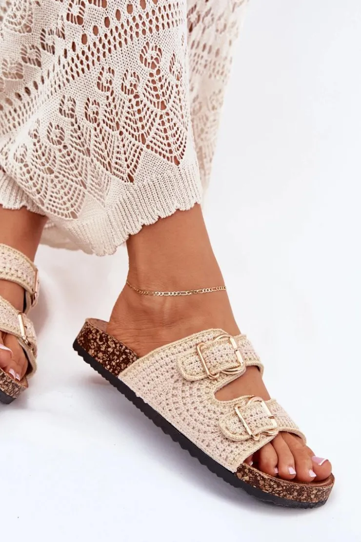 Damskie Boto Szydełkowe Klapki Damskie Ze Złotymi Klamrami Beżowe Fenira