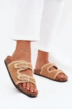 Boto Klapki Korkowe|Klapki Na Platformie*Szydełkowe Klapki Damskie Ze Złotymi Klamrami Camel Fenira Brązowy