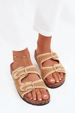 Boto Klapki Korkowe|Klapki Na Platformie*Szydełkowe Klapki Damskie Ze Złotymi Klamrami Camel Fenira Brązowy