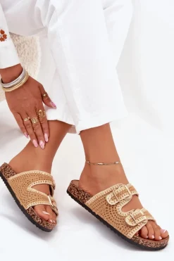 Boto Klapki Korkowe|Klapki Na Platformie*Szydełkowe Klapki Damskie Ze Złotymi Klamrami Camel Fenira Brązowy