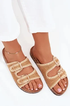 Boto Klapki Korkowe|Klapki Na Platformie*Szydełkowe Klapki Damskie Ze Złotymi Klamrami Camel Fenira Brązowy