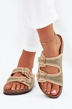 Damskie Boto Szydełkowe Klapki Damskie Ze Złotymi Klamrami Zielone Fenira