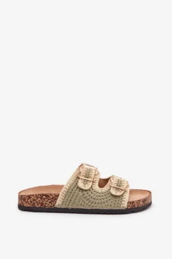 Damskie Boto Szydełkowe Klapki Damskie Ze Złotymi Klamrami Zielone Fenira