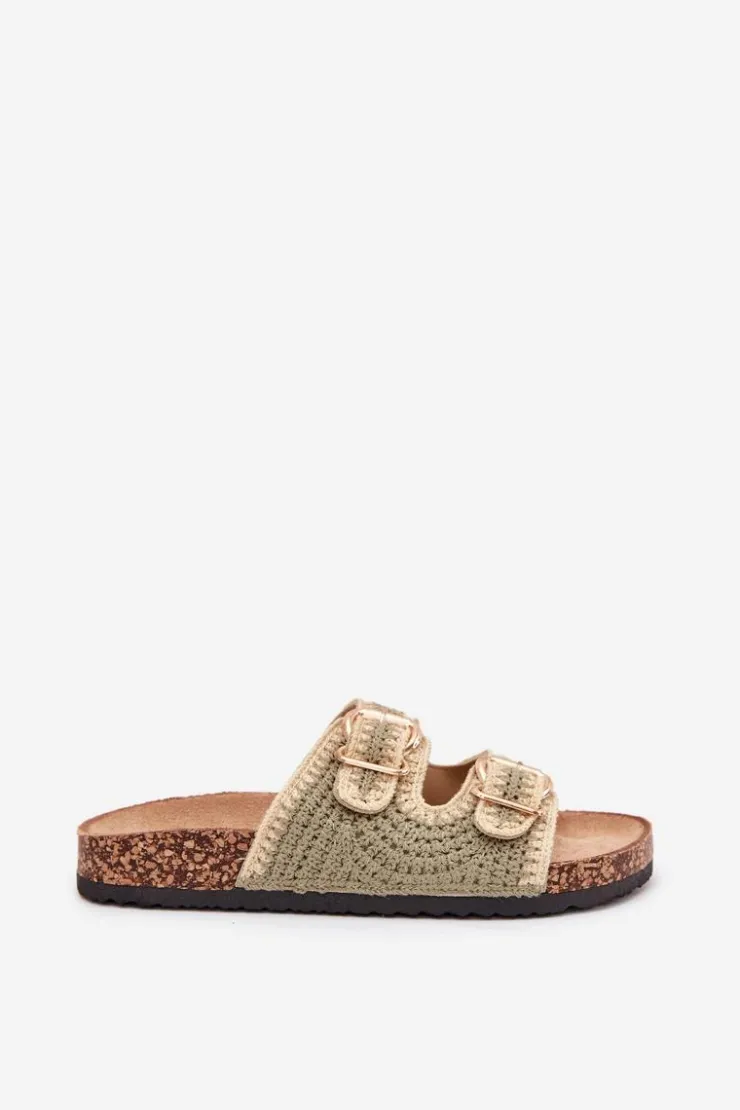 Damskie Boto Szydełkowe Klapki Damskie Ze Złotymi Klamrami Zielone Fenira