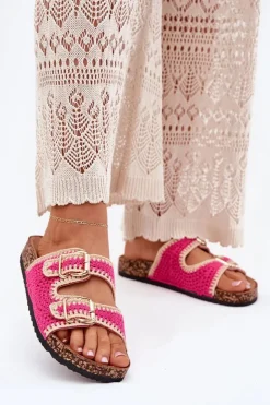 Boto Klapki Korkowe|Klapki Na Platformie*Szydełkowe Klapki Damskie Ze Złotymi Klamrami Fuksja Fenira Różowy