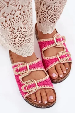 Boto Klapki Korkowe|Klapki Na Platformie*Szydełkowe Klapki Damskie Ze Złotymi Klamrami Fuksja Fenira Różowy