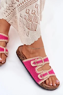 Boto Klapki Korkowe|Klapki Na Platformie*Szydełkowe Klapki Damskie Ze Złotymi Klamrami Fuksja Fenira Różowy