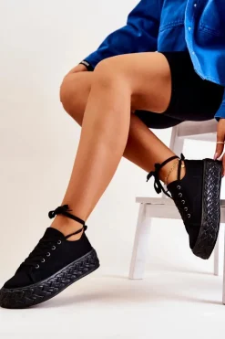 Damskie Boto Tenisówki Na Masywnej Platformie Czarne Suzane