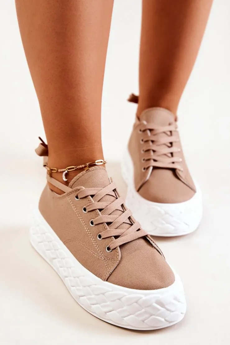 Damskie Boto Tenisówki Na Masywnej Platformie Beżowe Suzane