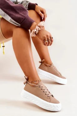 Damskie Boto Tenisówki Na Masywnej Platformie Beżowe Suzane