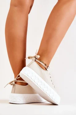 Boto Trampki Damskie Niskie*Tenisówki Na Masywnej Platformie Jasnobeżowe Suzane