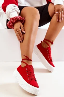 Boto Trampki Damskie Niskie*Tenisówki Na Masywnej Platformie Czerwone Suzane