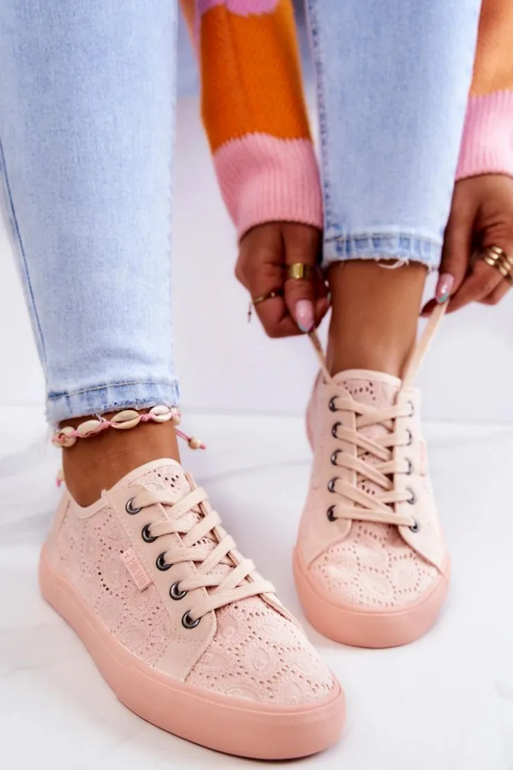 Big Star Shoes Trampki Damskie Big Star|Trampki Damskie Niskie*Trampki Ażurowe BIG STAR JJ274059 Jasnoróżowe