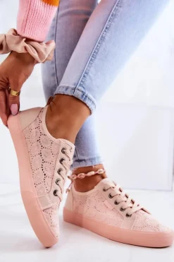 Big Star Shoes Trampki Damskie Big Star|Trampki Damskie Niskie*Trampki Ażurowe BIG STAR JJ274059 Jasnoróżowe