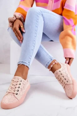 Big Star Shoes Trampki Damskie Big Star|Trampki Damskie Niskie*Trampki Ażurowe BIG STAR JJ274059 Jasnoróżowe