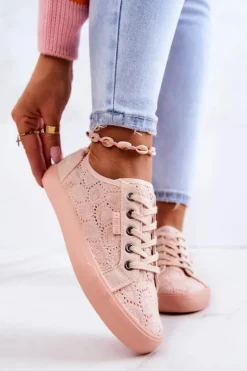 Big Star Shoes Trampki Damskie Big Star|Trampki Damskie Niskie*Trampki Ażurowe BIG STAR JJ274059 Jasnoróżowe