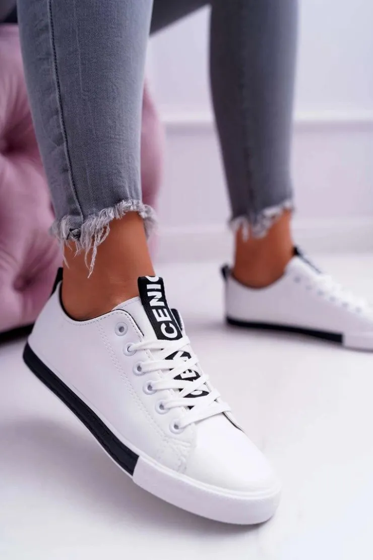 New Boto Trampki Damskie Białe Czarny Pasek Nigrid