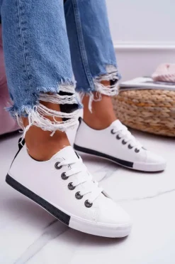 Clearance Boto Trampki Damskie Białe Czarny Pasek Nigrid2