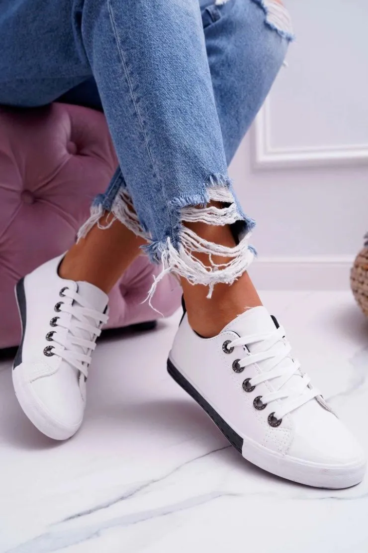 Clearance Boto Trampki Damskie Białe Czarny Pasek Nigrid2