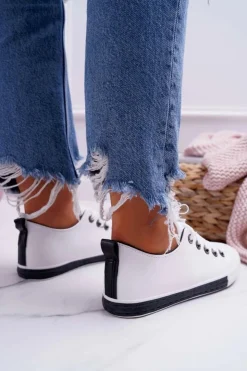 Clearance Boto Trampki Damskie Białe Czarny Pasek Nigrid2