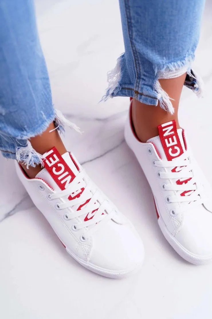 Damskie Boto Trampki Damskie Białe Czerwony Pasek Nigrid