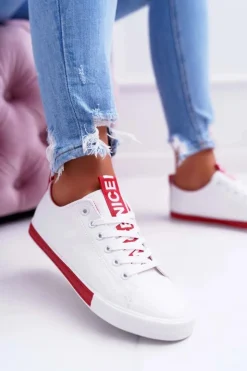 Damskie Boto Trampki Damskie Białe Czerwony Pasek Nigrid