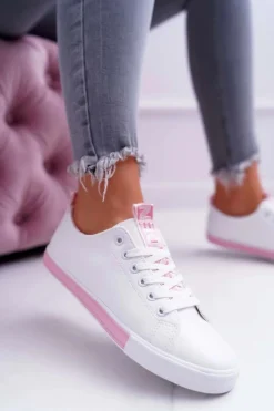 Boto Trampki Damskie Niskie*Trampki Damskie Białe Różowy Pasek Nigrid